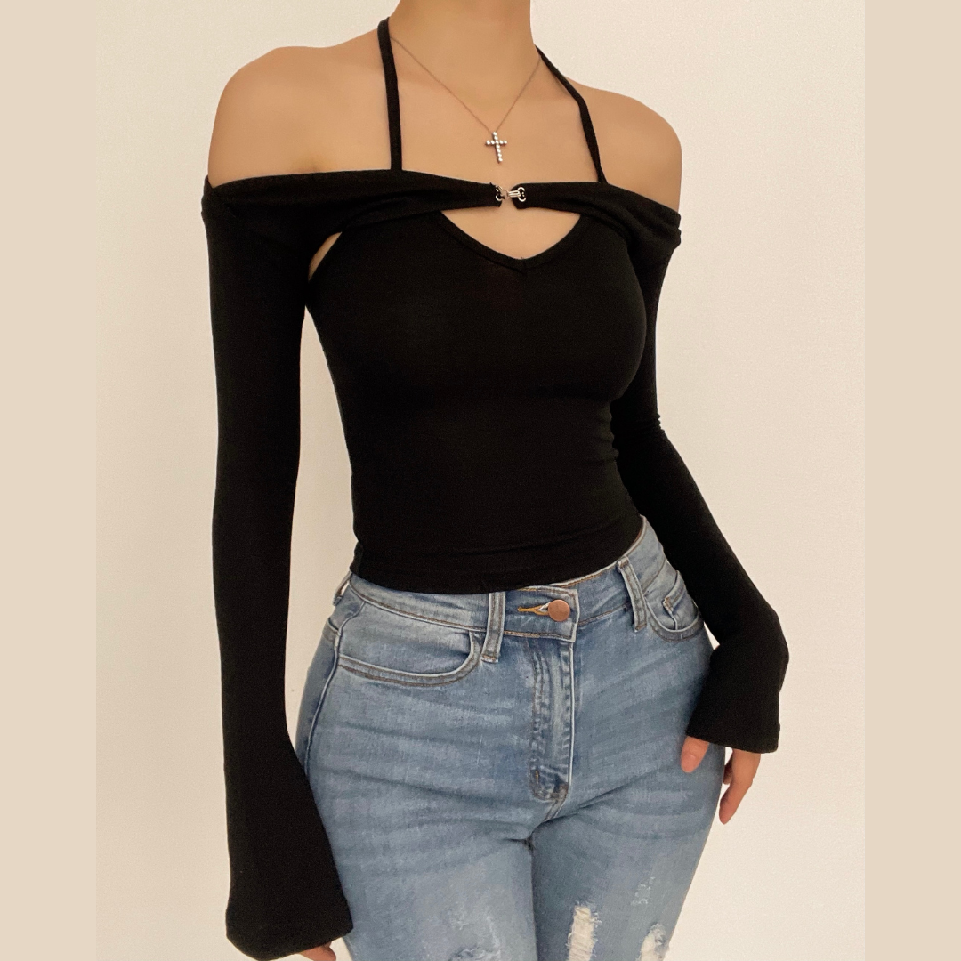 LOFT Boutique™ - Tvådelad stickad topp med långa ärmar och off-shoulder-modell